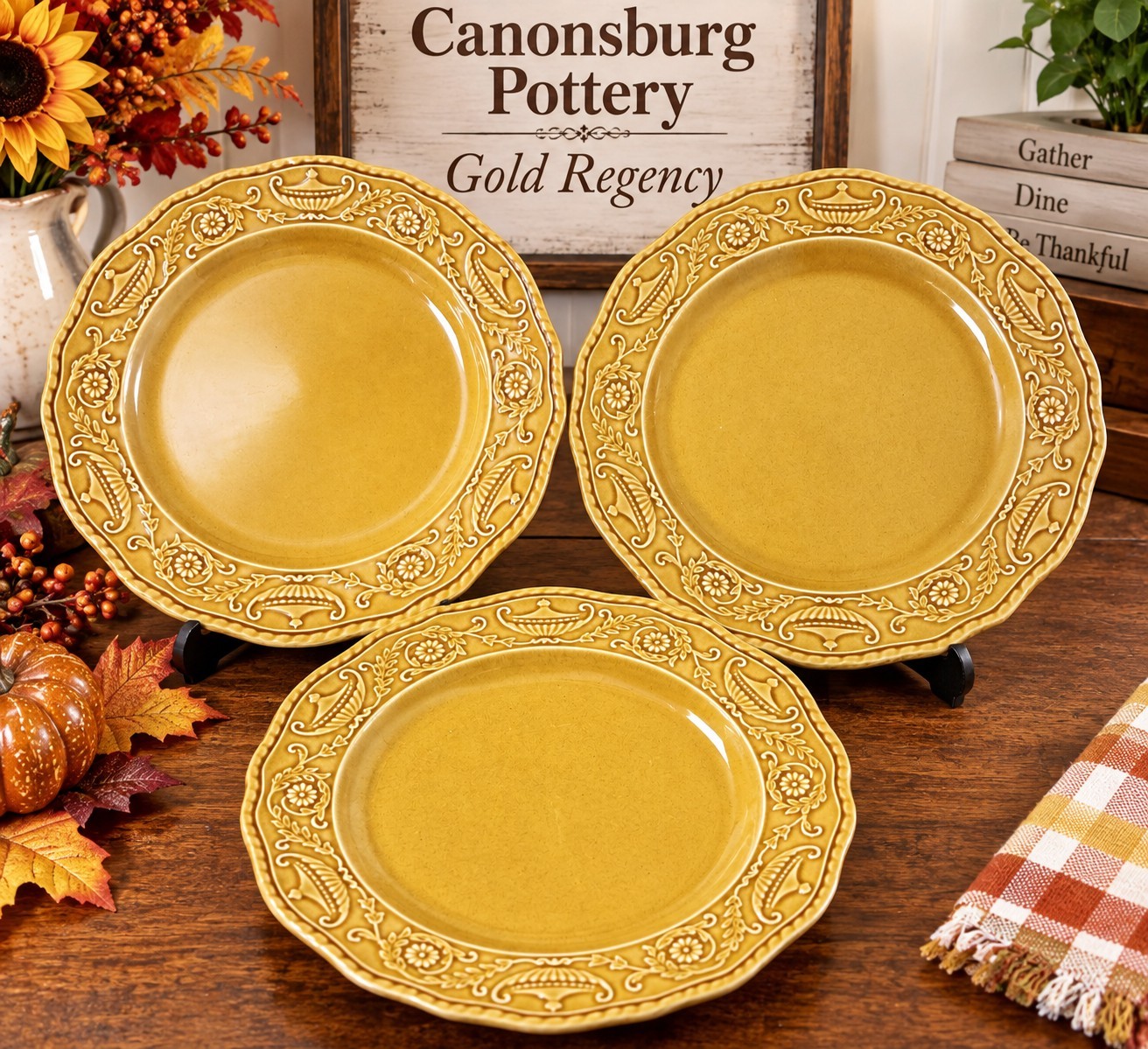 3 Vtg Canonsburg Pottery Dinner Plates Gold Regency 10\
