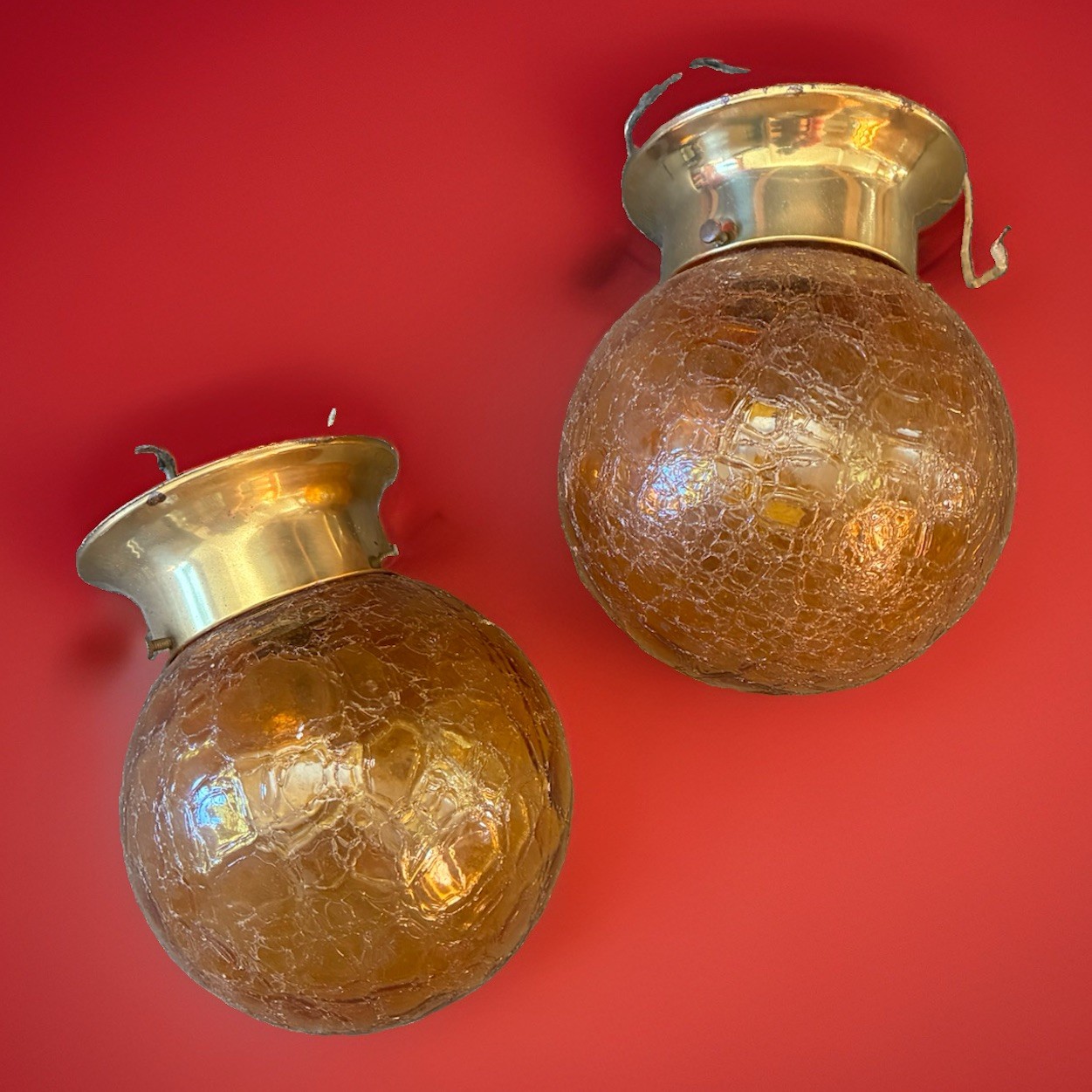 Pair Vintage Mid Century Ceiling Lights. Amber Crackle Glass Globes. 7” Diam.