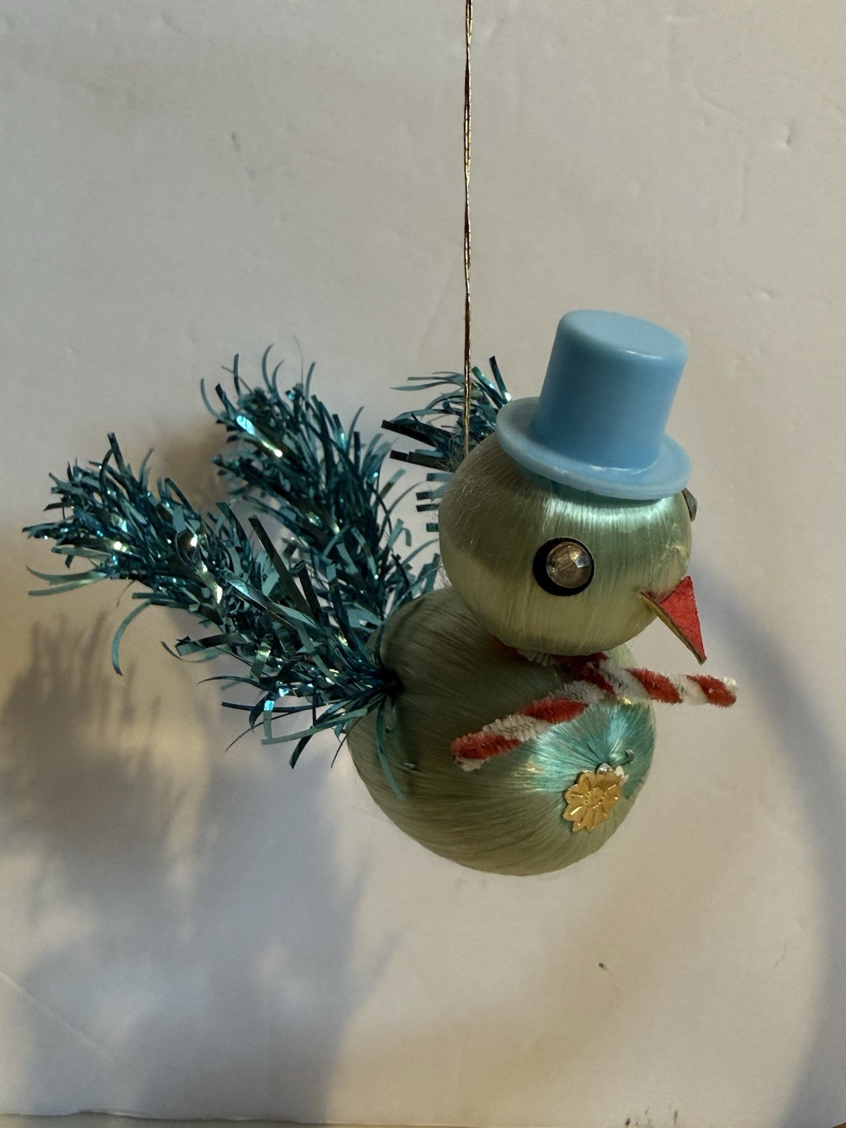 Vintage MCM JAPAN W/ paper label / ribbon wrapped bird / hat / wire tinsel wings Vintage MCM JAPAN W/ paper label / ribbon wrapped bird / hat / wire tinsel wings