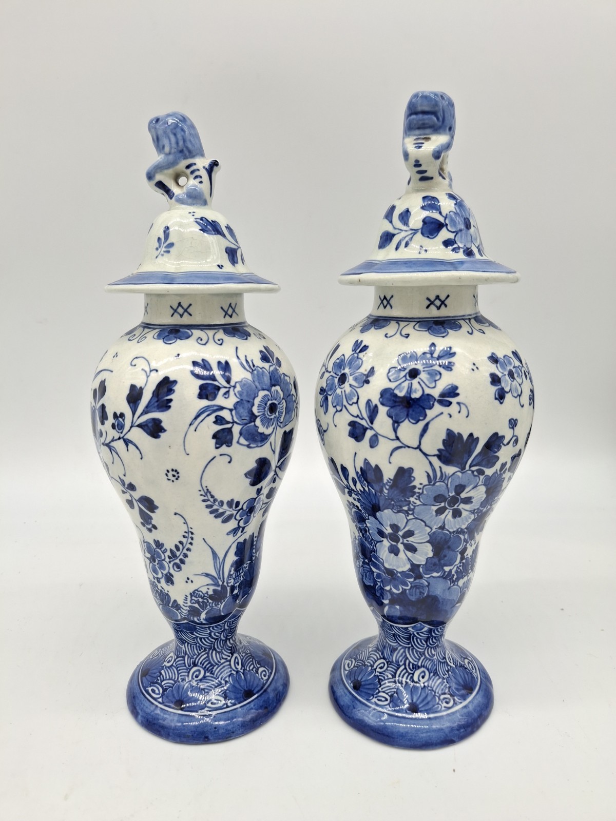 Royal Delft (De Porceleyne Fles) Lidded Baluster Vases, lion finials,10 Royal Delft (De Porceleyne Fles) Lidded Baluster Vases, lion finials,10