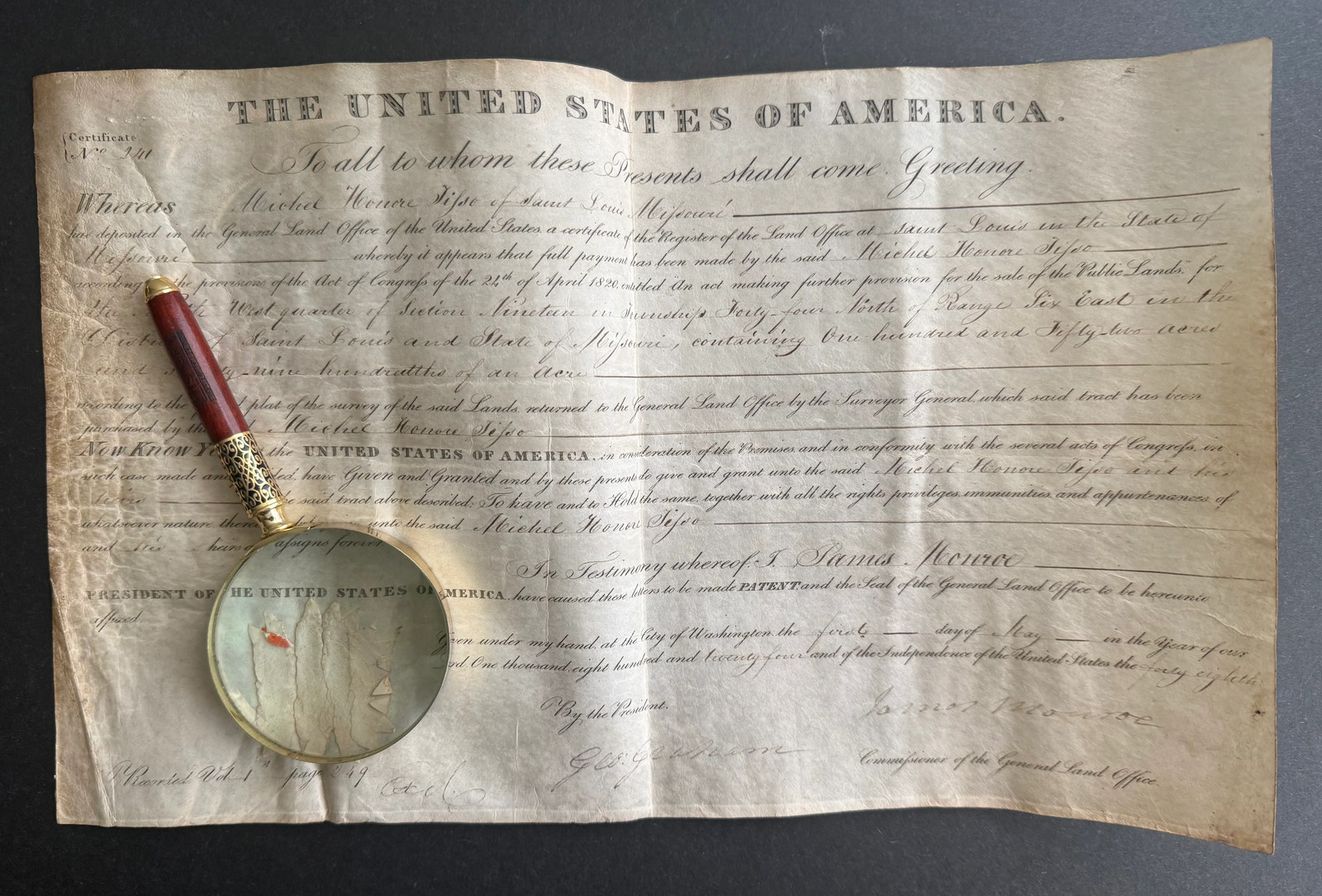President James Monroe–Signed 1824 Missouri Land Patent — Early Federal Grant