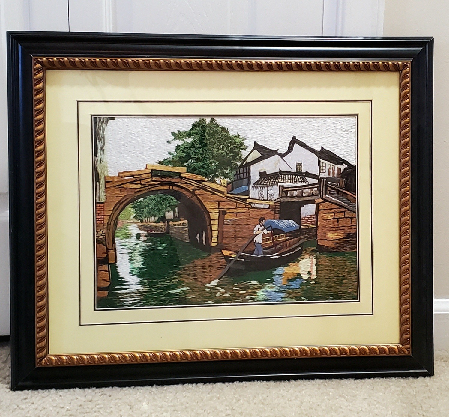 Framed Chinese Silk Embroidery Canal Scene (Suzhou Garden)