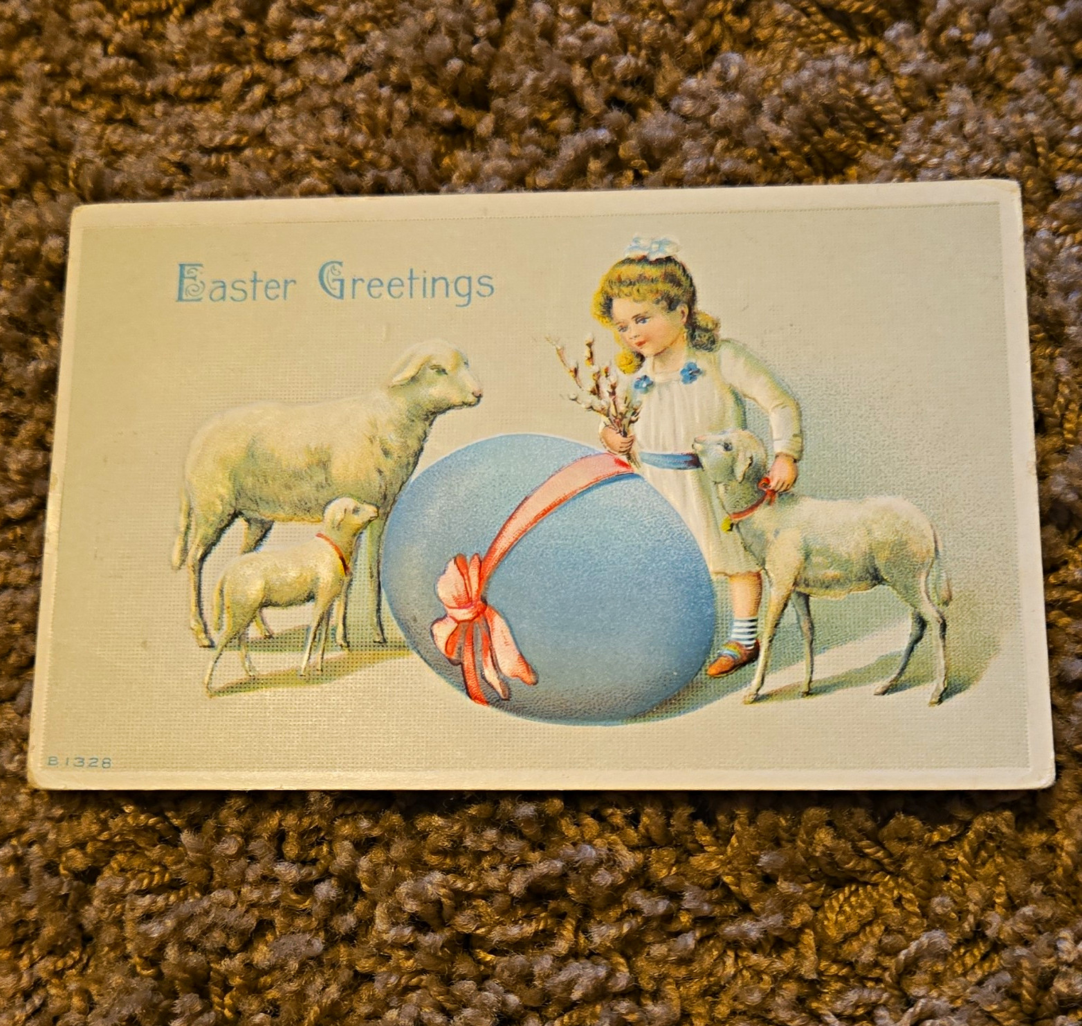 Vintage 1914 Easter Greetings Postcard Girl w/ Lambs Blue Egg Embossed