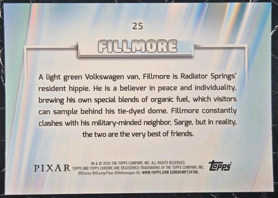 2026 Topps Chrome Sapphire Disney Fillmore White Refractor #/30 Cars 2026 Topps Chrome Sapphire Disney Fillmore White Refractor #/30 Cars