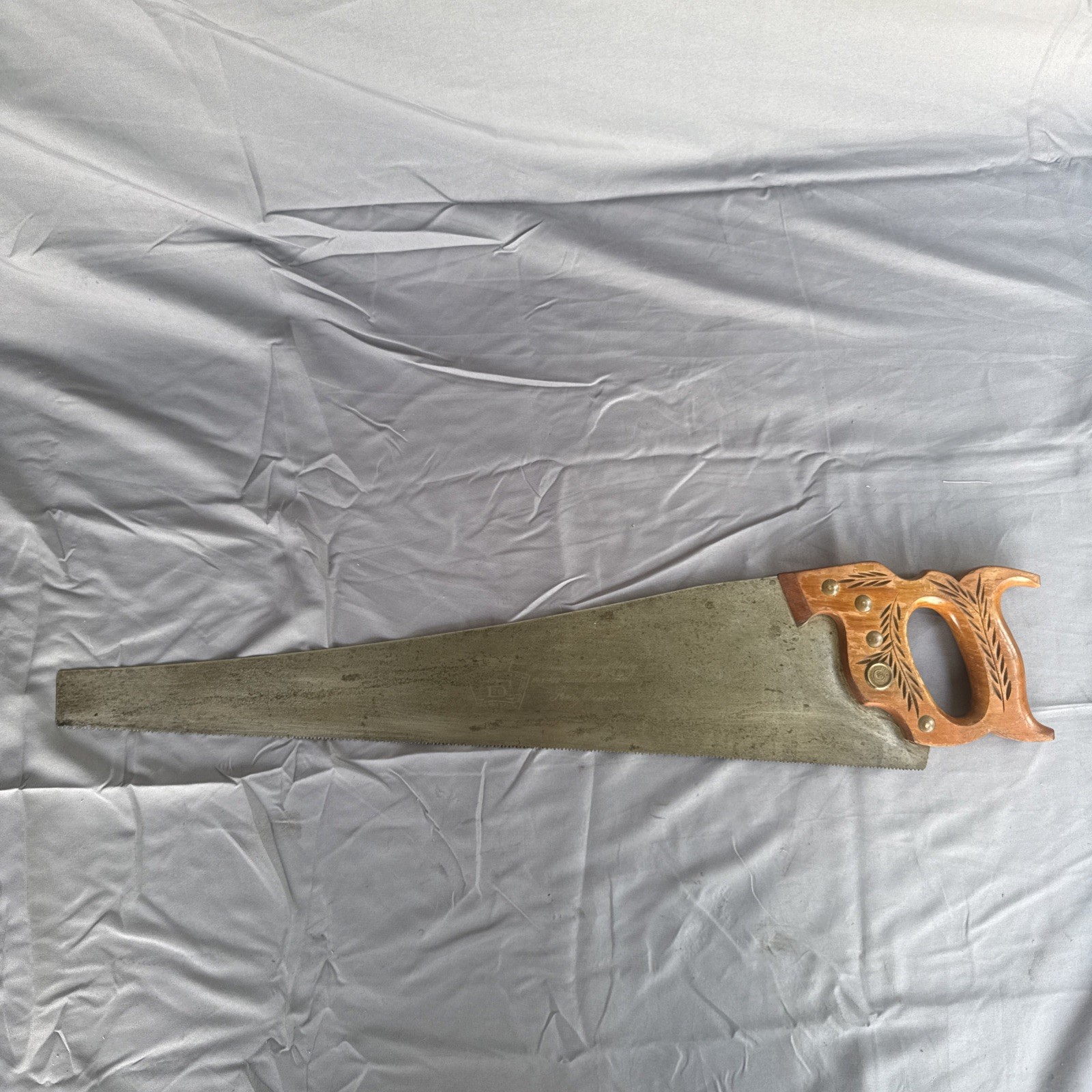 Antique Henry Disston D-20 26” 8 Point Crosscut Hand Saw Carved Handle c1920s