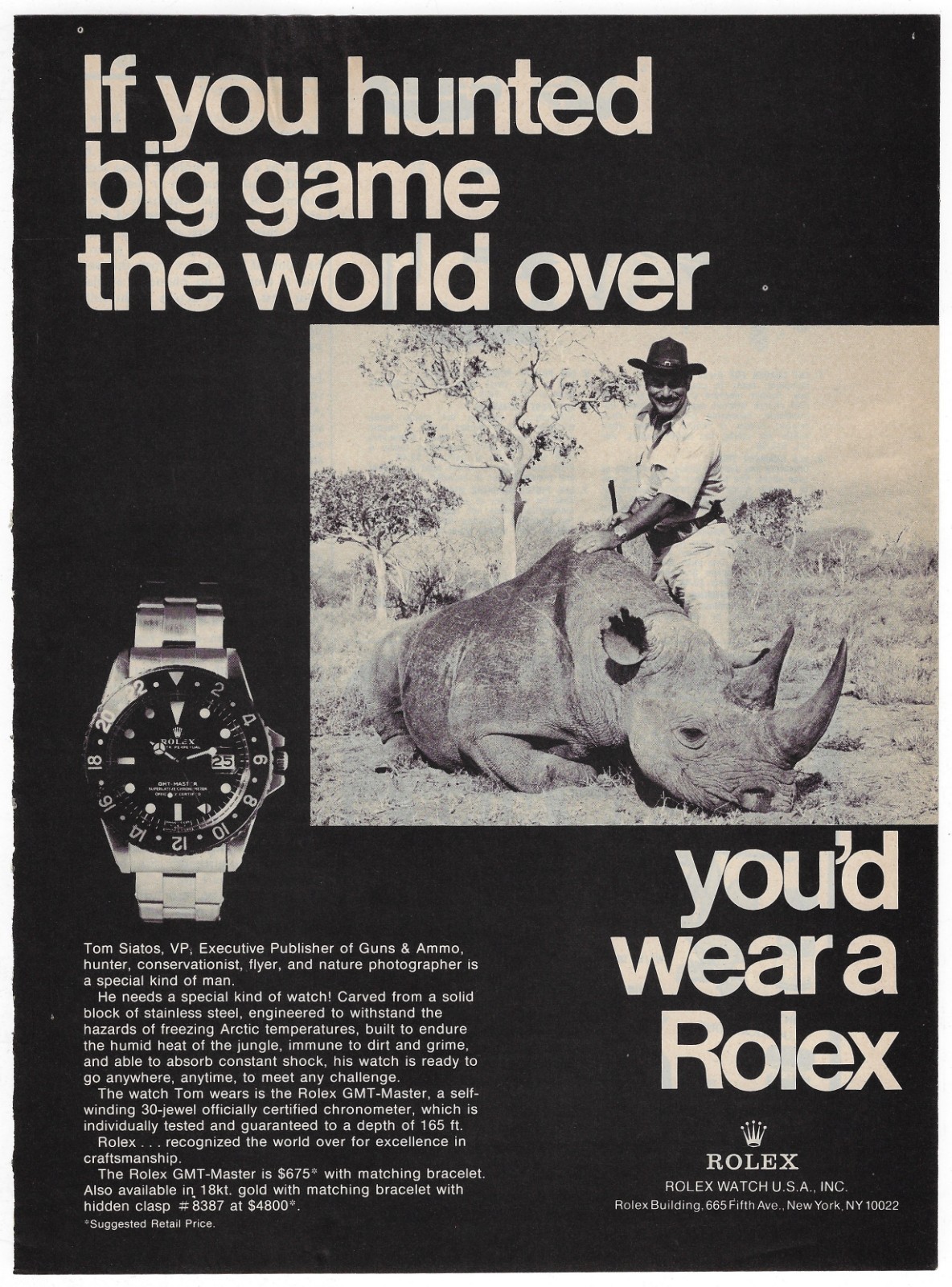 1976 Rolex GMT-Master If You Hunted Rhinoceros Rhino Watch VINTAGE PRINT AD 1976 Rolex GMT-Master If You Hunted Rhinoceros Rhino Watch VINTAGE PRINT AD