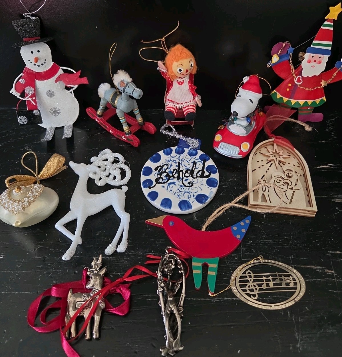 A collection of Nostalgic Whimsical Wood and Ceramic Christmas Ornaments A collection of Nostalgic Whimsical Wood and Ceramic Christmas Ornaments