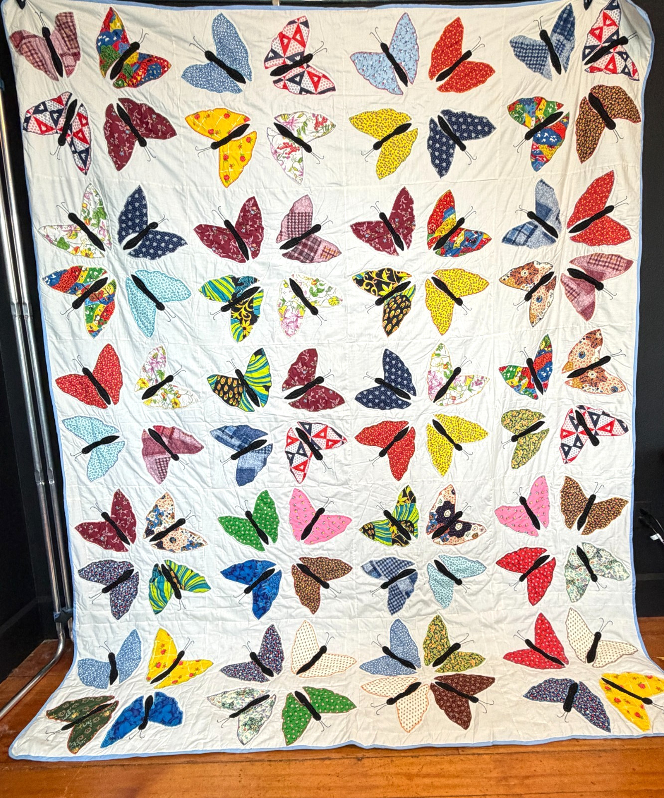 Vintage colorful butterfly quilt hand stitched white handmade novelty print