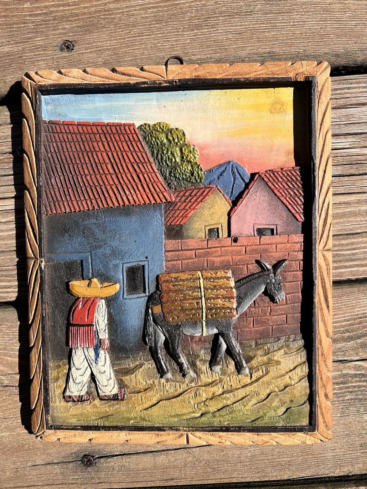 Vintage Mexican Folk Art Wood Carved Bas Relief 10” X 8” Vintage Mexican Folk Art Wood Carved Bas Relief 10” X 8”