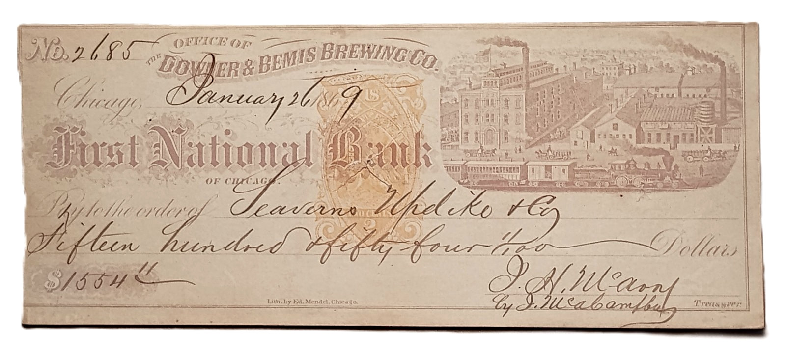 IL CHICAGO Downer & Bemis Brewing Co. First National Bank  Jan. 26, 1869 Check