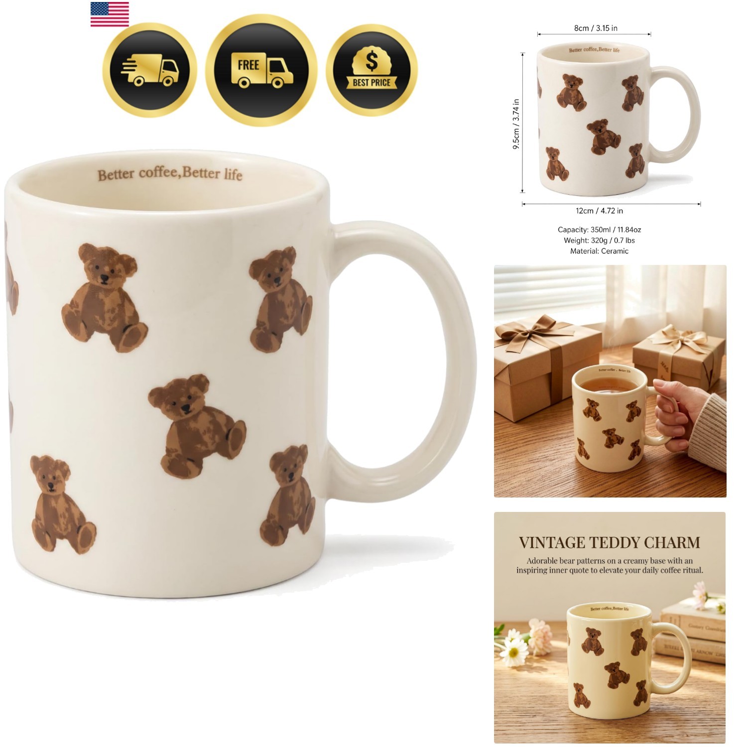 Teddy Bear Mug Cute Vintage Ceramic Coffee Mug for Women Girls Teddy Bear Mug Cute Vintage Ceramic Coffee Mug for Women Girls