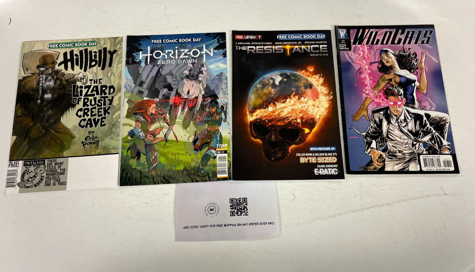 4 comics Horizon FCBD Hillbilly FCBD Wildcats 17 Resistance FCBD 76 JW32