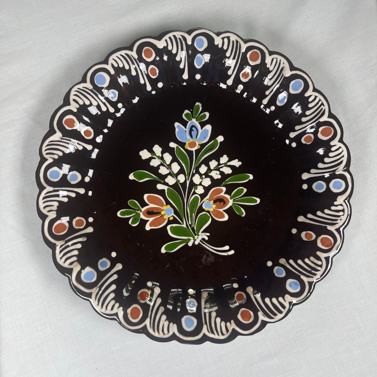 Beautiful Vintage Hungarian Pottery Wall Plate 11” Brown Floral Hand Painted