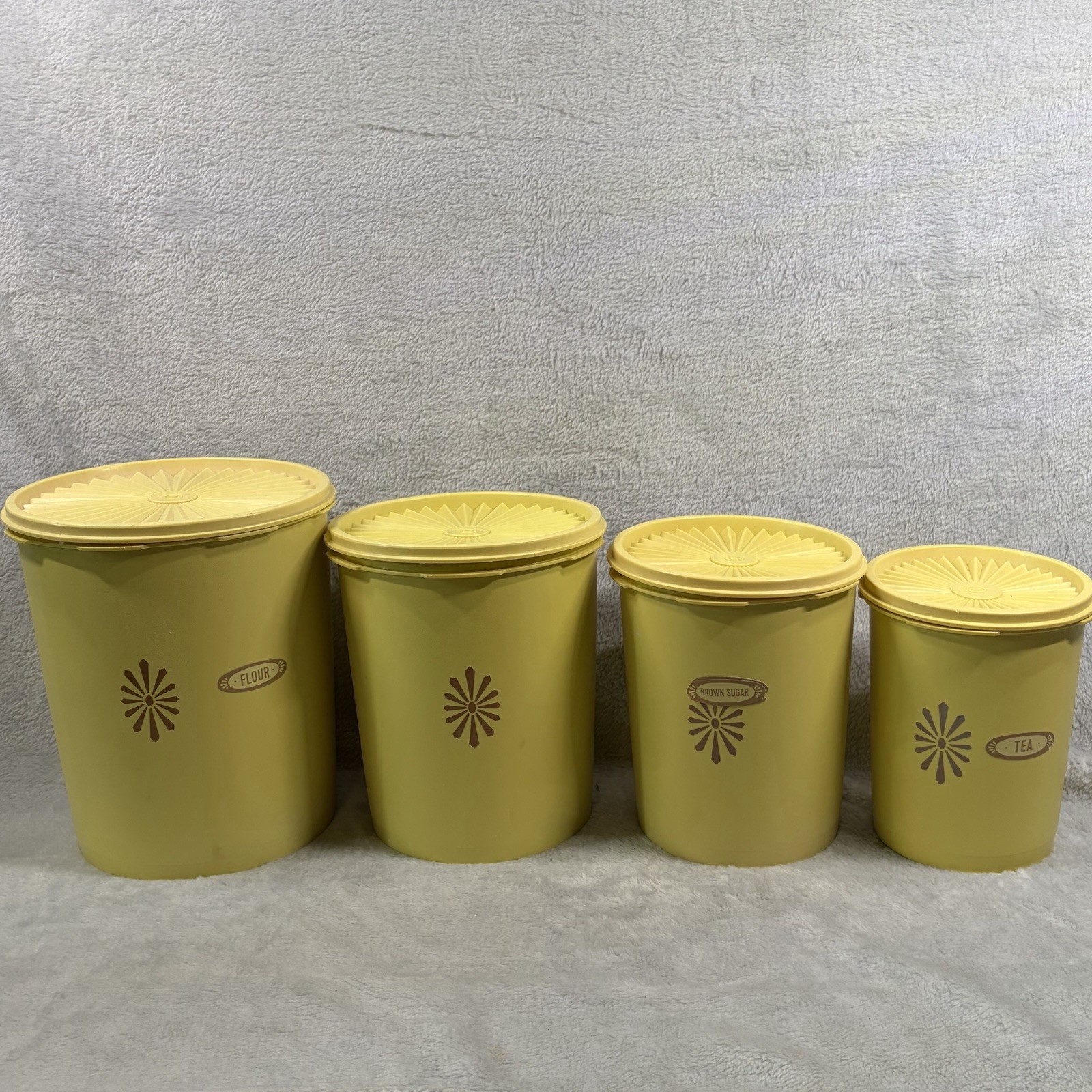 Vintage 1970s Tupperware Servalier Canister Set 4 Harvest Gold Sunburst Lids