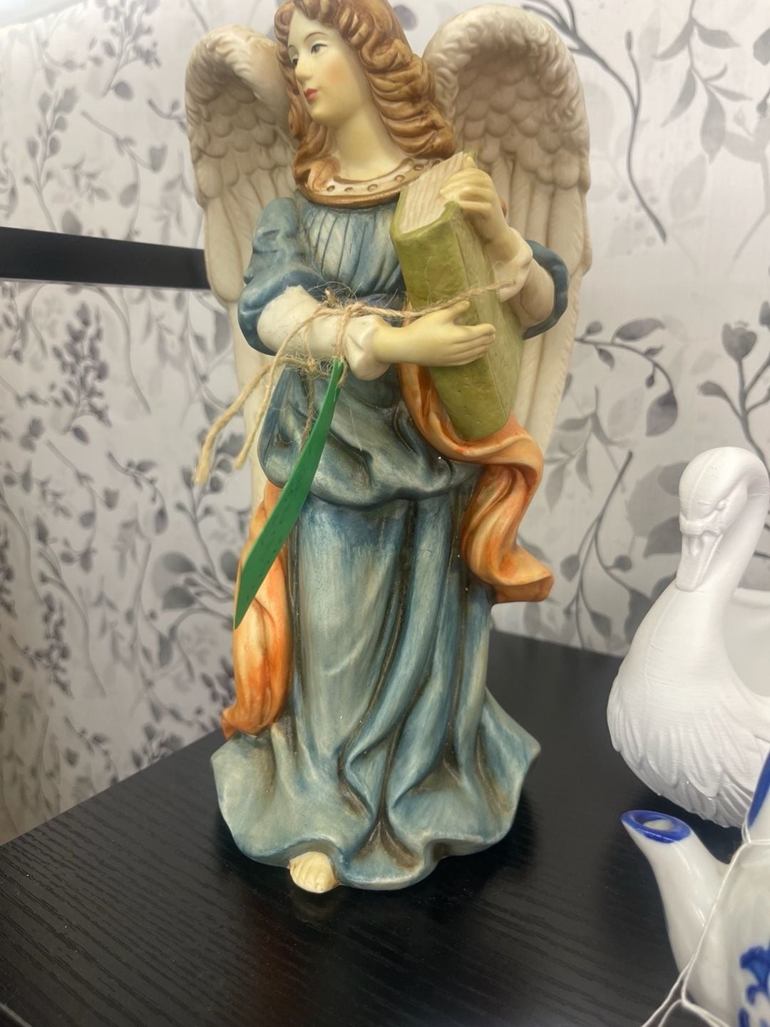 Vintage Hand Painted Porcelain Angel Figurine Holding Book Blue Orange Vintage Hand Painted Porcelain Angel Figurine Holding Book Blue Orange