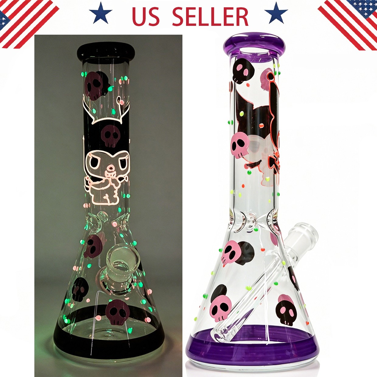 Hookah 10in Glow in Dark Glass Bong Water Pipes Smoking Beaker bong w/14mm bowl