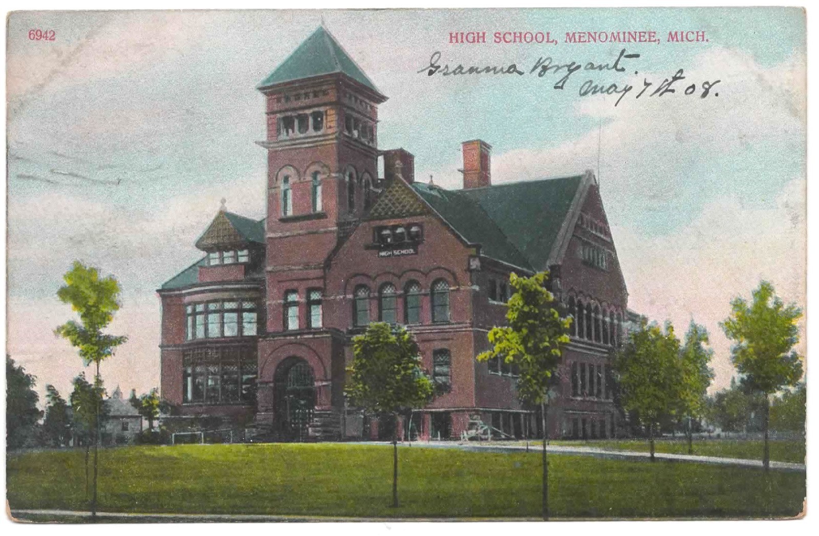 Vtg. 1908 Posted German Postcard Menominee Michigan High School