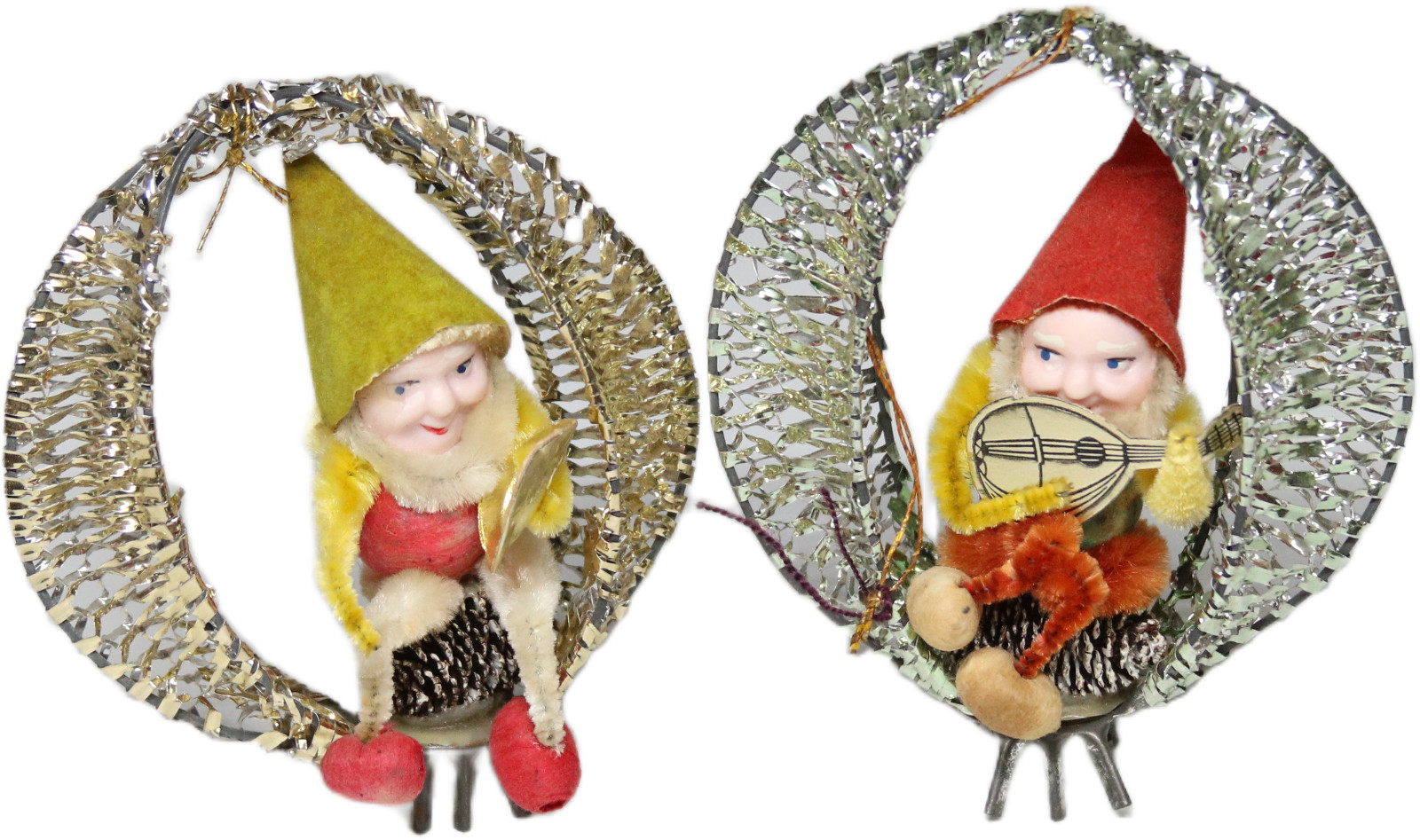 2 Vintage Shiny Brite Metal Mesh Chenille Elf Pine Cone Christmas Ornaments NICE