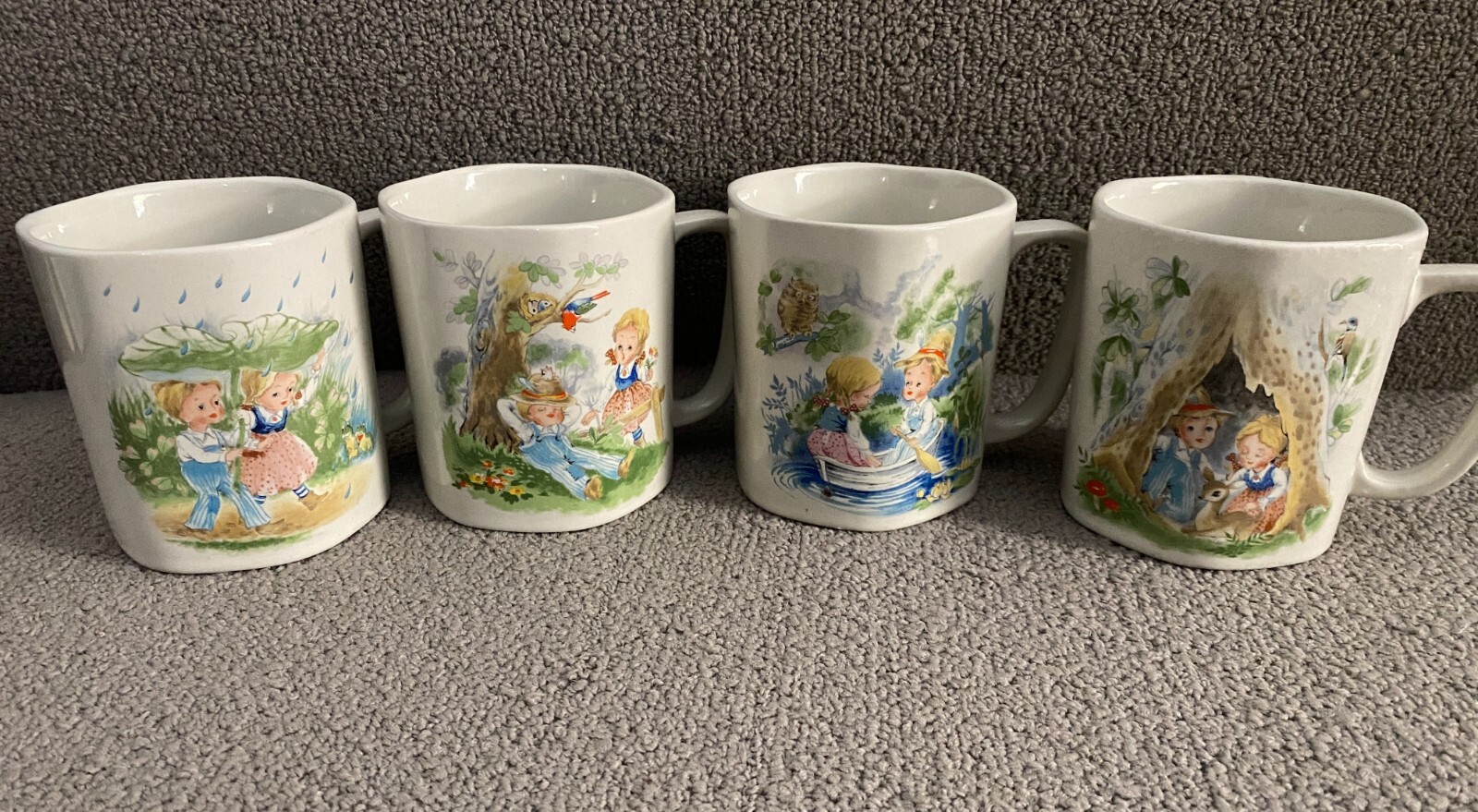 Vintage 1950s Storybook Hexagonal Coffee Mugs Rare Children’s Cups Japan Set Vintage 1950s Storybook Hexagonal Coffee Mugs Rare Children’s Cups Japan Set