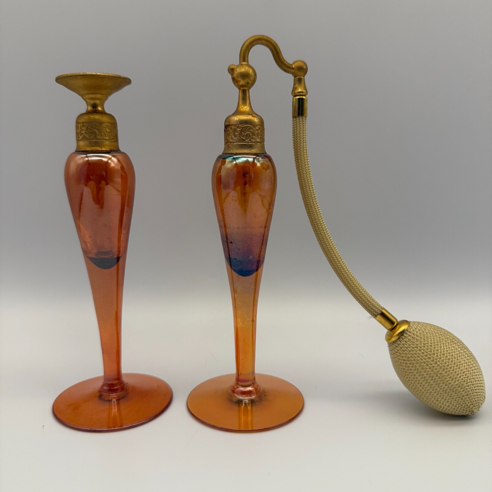Antique DeVilbiss Steuben Art Deco Iridescent Amber Orange Glass Perfume Bottles Antique DeVilbiss Steuben Art Deco Iridescent Amber Orange Glass Perfume Bottles