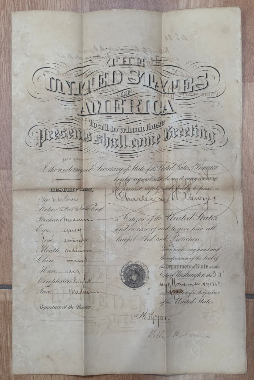 RARE CIVIL WAR ERA UNITED STATES PASSPORT SIGNED AUTOGRAPH ORIG DOCUMENT 1868