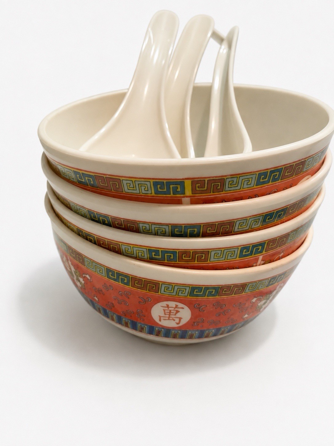 Vintage Chinese Mun Shou Hard Plastic/Melamine Bowls & Spoons Set of 4 Vintage Chinese Mun Shou Hard Plastic/Melamine Bowls & Spoons Set of 4