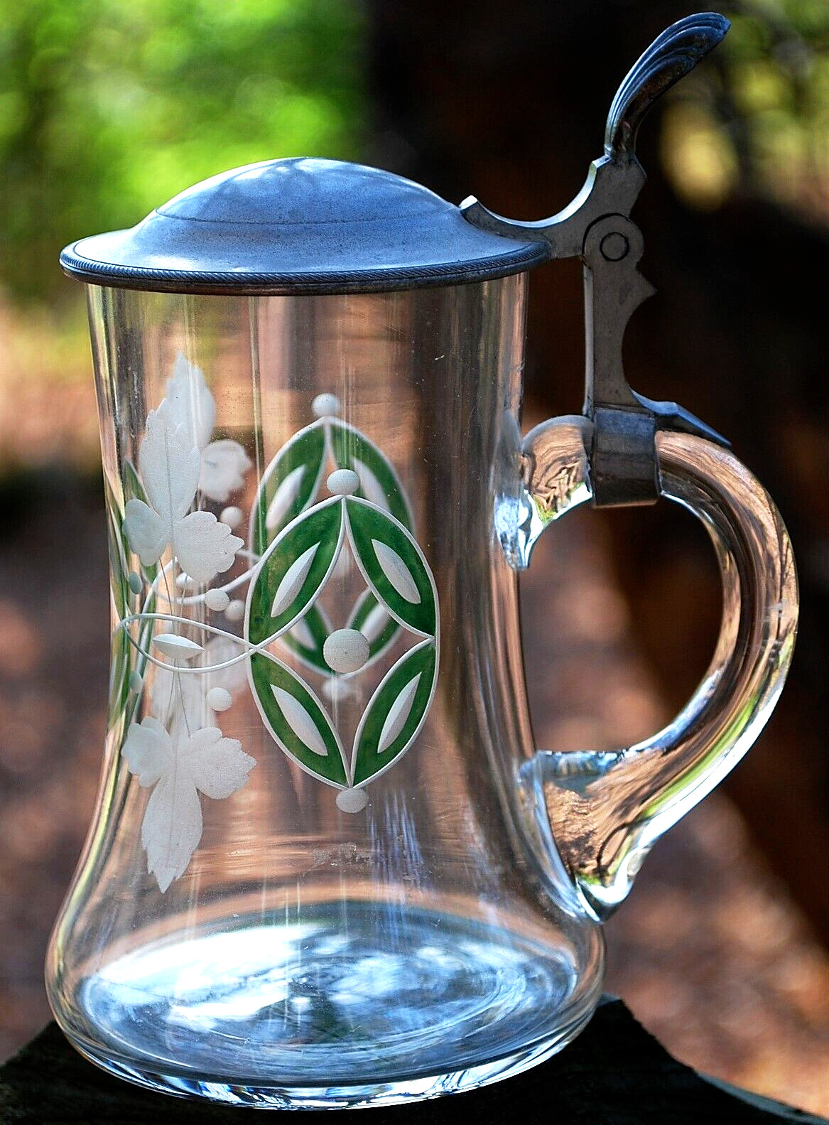 Antique HAND BLOWN ETCHED GLASS Beer Stein W Lid ENAMEL OVERLAY Bohemia Germany
