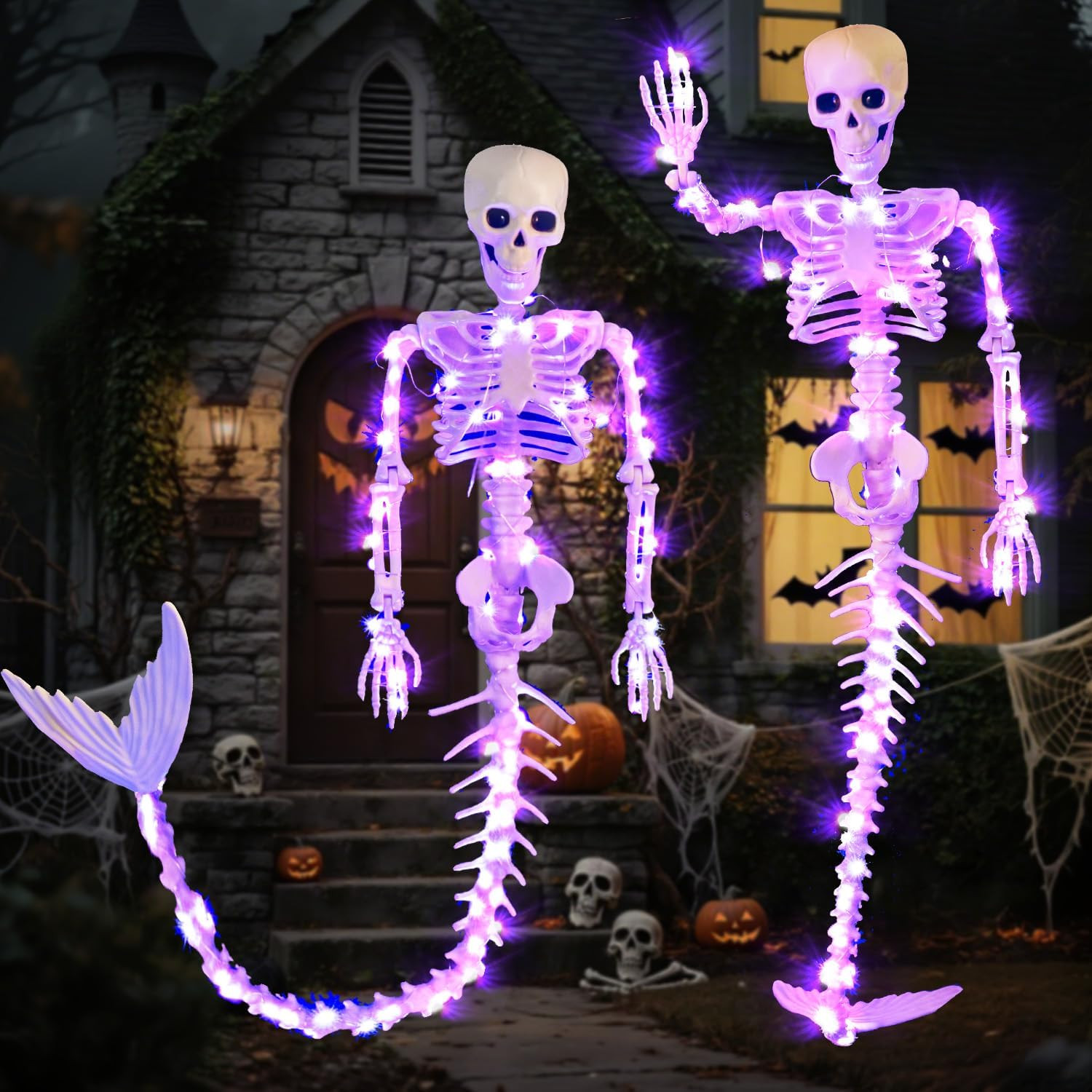 2 Pack 33 Inches Purple LED Mermaid Halloween Skeleton Pose-N-Stay Posable Movab 2 Pack 33 Inches Purple LED Mermaid Halloween Skeleton Pose-N-Stay Posable Movab