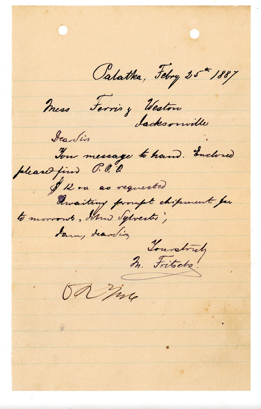 1887 Palatka Florida Business Letter Ferris & Weston Jacksonville M. Fritsche 1887 Palatka Florida Business Letter Ferris & Weston Jacksonville M. Fritsche
