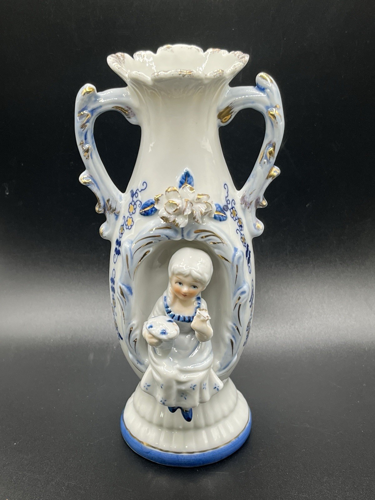Vtg Norleans Victorian Vase White & Blue with with Gold Trim Sitting Girl 7.5\