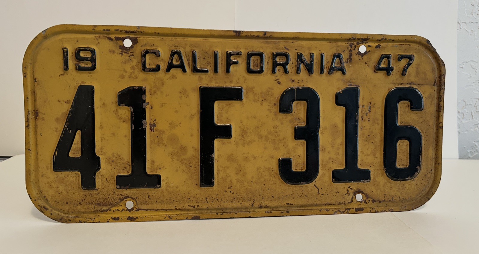 Vintage 1947 California Black on Yellow Single License Plate Number 41 F 316 