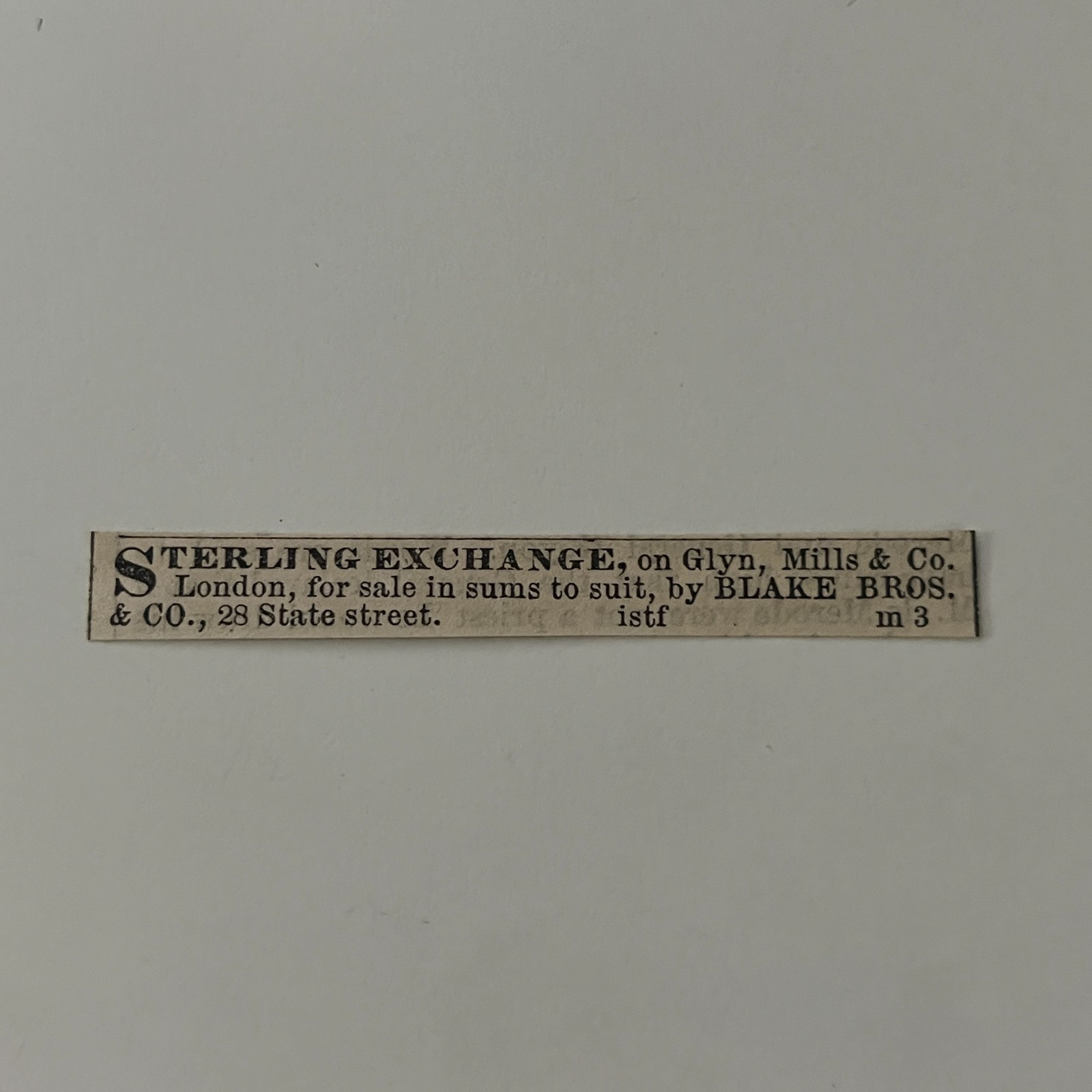 Blake Bros. & Co. Sterling Exchange 1860 Boston Clipping TAJ7-S47