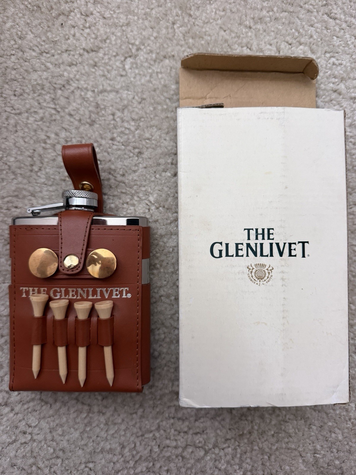 Vintage The Glenlivet Leather Stainless Steel Scotch Whisky Hip Flask  NEW