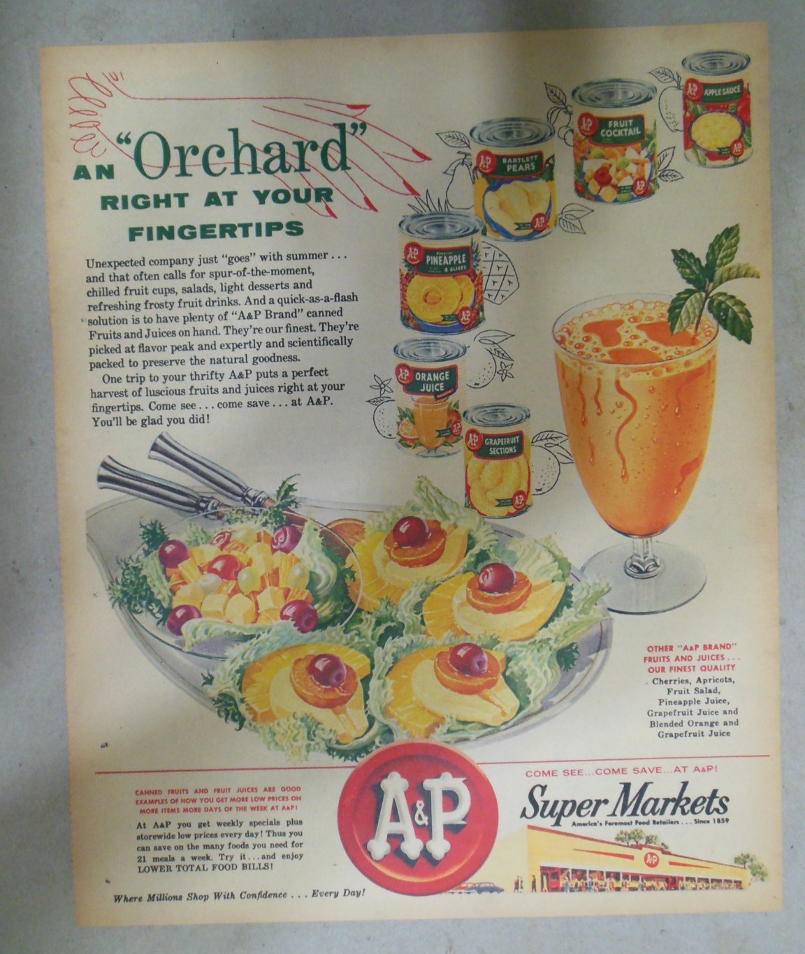 A & P Grocers Ad: An Orchard At Your Fingertips  from 1955 Size: 11 x 15 inches