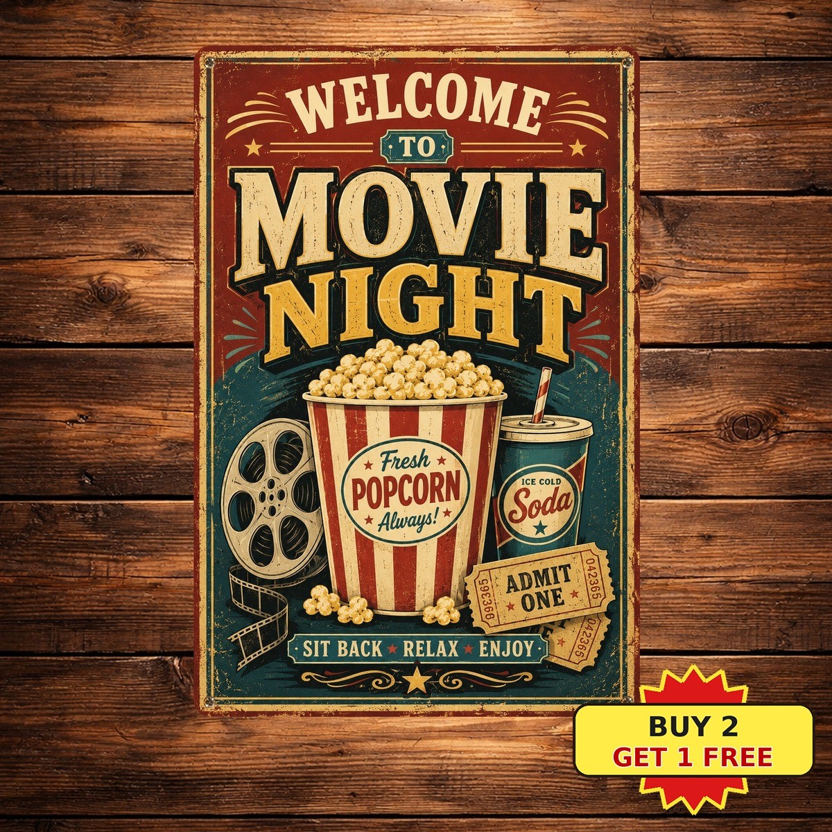 Retro Movie Night Popcorn Snack Bar Cafe Metal Sign 8x12 Inch