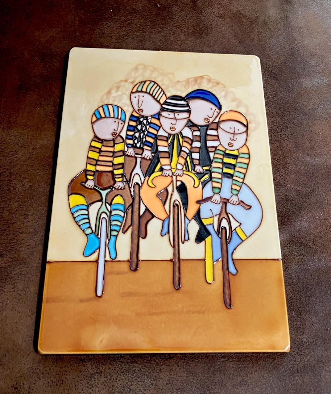Sport. Glazed Relief Wall Plaque “Five People Riding Bicycles, Tour De France