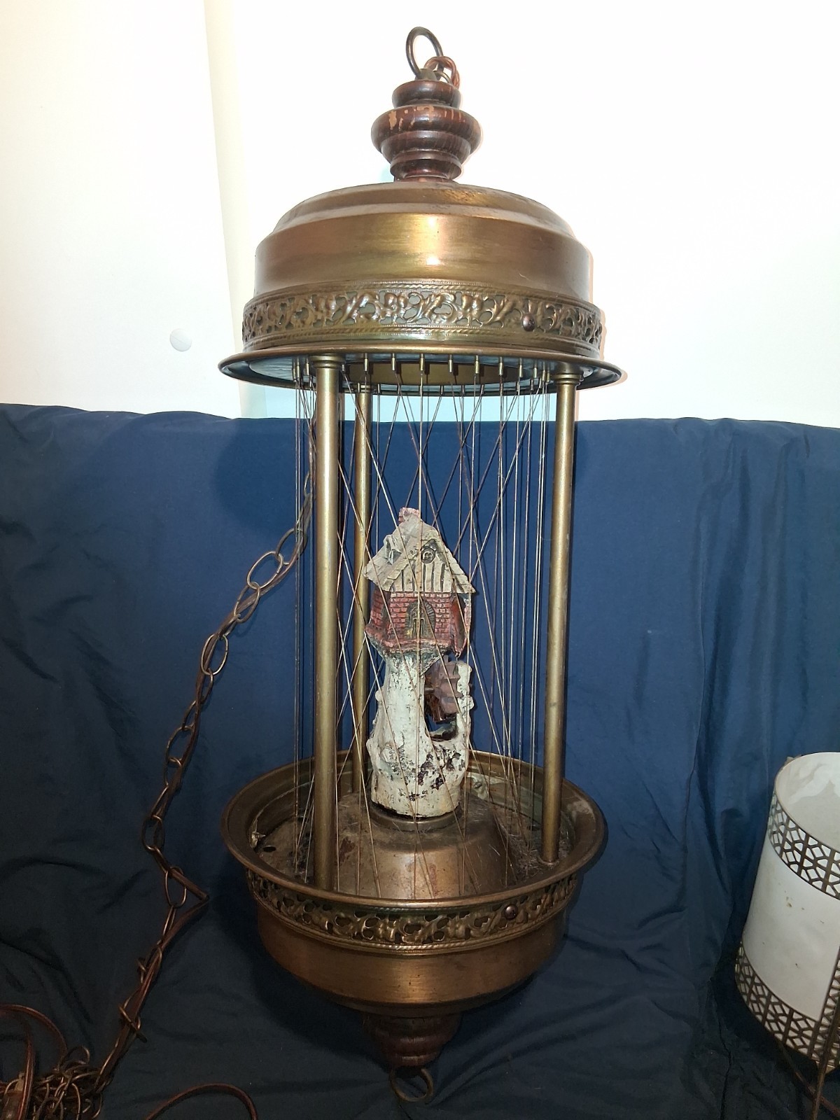Vintage 1970s Gold Metal Rain Lamp with Water Mill House Vintage 1970s Gold Metal Rain Lamp with Water Mill House