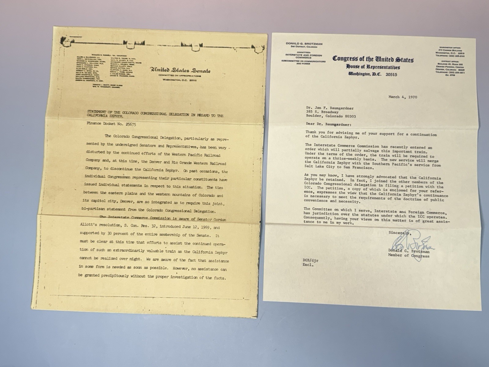 1970 California Zephyr Railroad Congressional Statement Signed Brotzman Letter