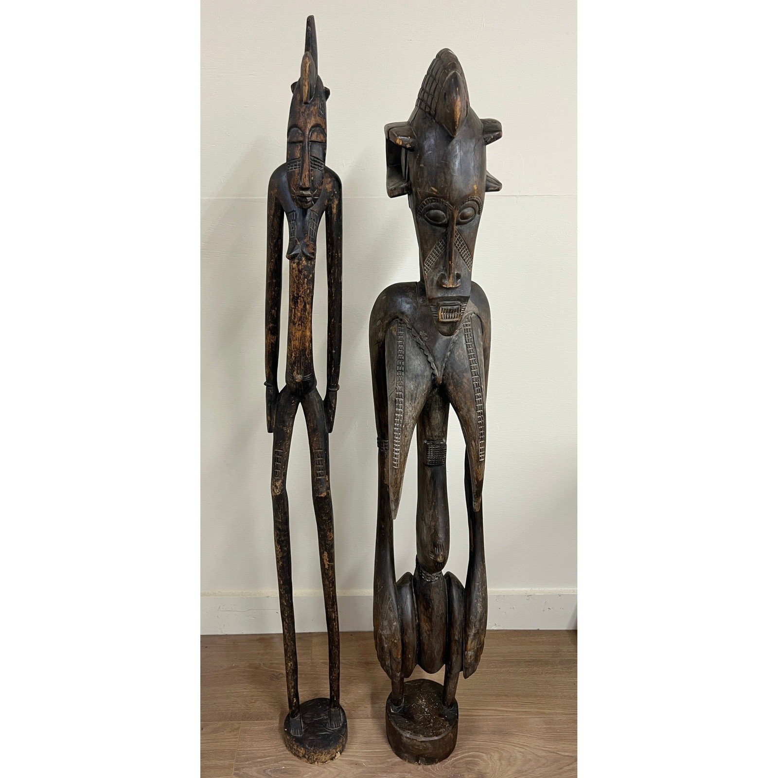 Vintage African Senufo Couple Tribal Hand Carved Wood Statues Bambara Pair 2pc Vintage African Senufo Couple Tribal Hand Carved Wood Statues Bambara Pair 2pc