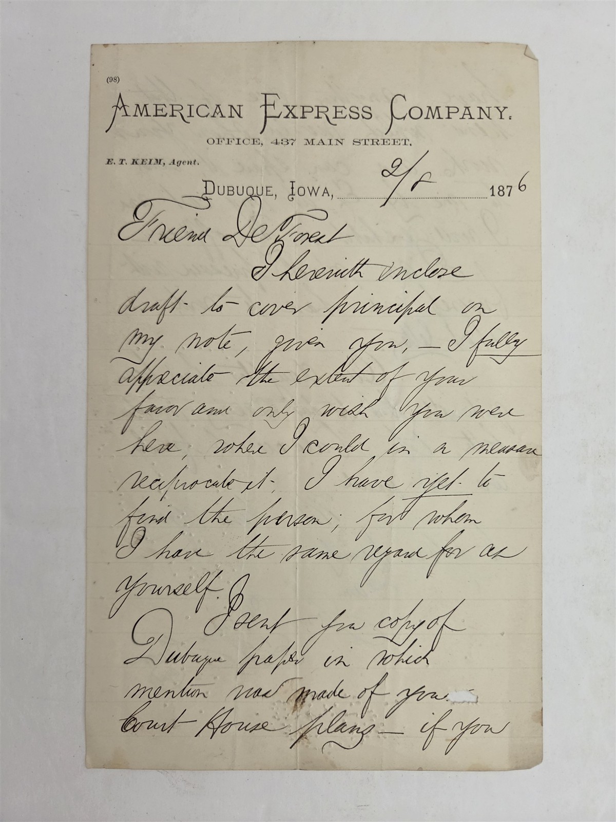 1876 antique AMERICAN EXPRESS CO dubuque ia BS DeFOREST LETTERHEAD agent KEIM