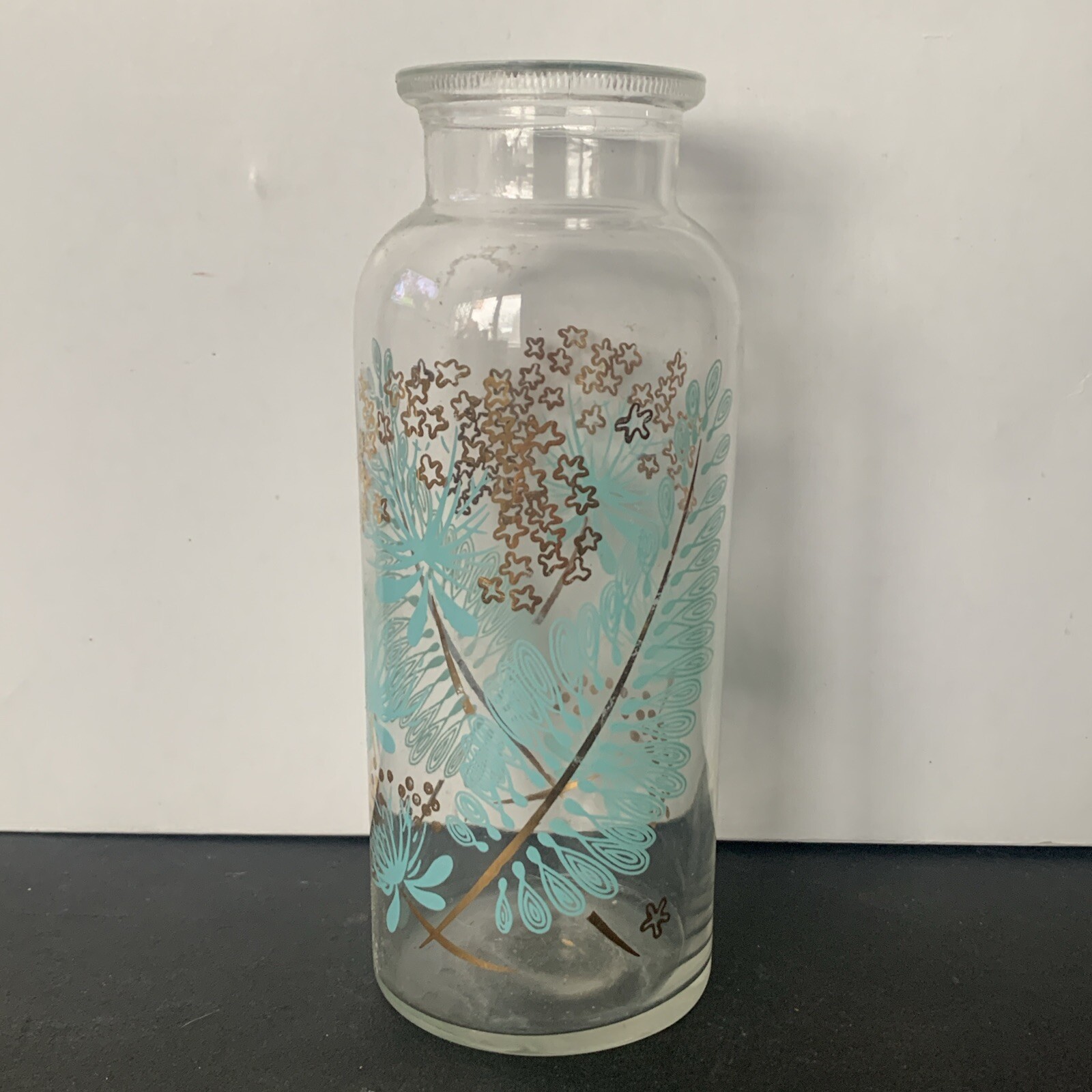 VTG Teal/Gold Glass Canister 50s 7” Decanter Apothecary MCM Collectible VTG Teal/Gold Glass Canister 50s 7” Decanter Apothecary MCM Collectible