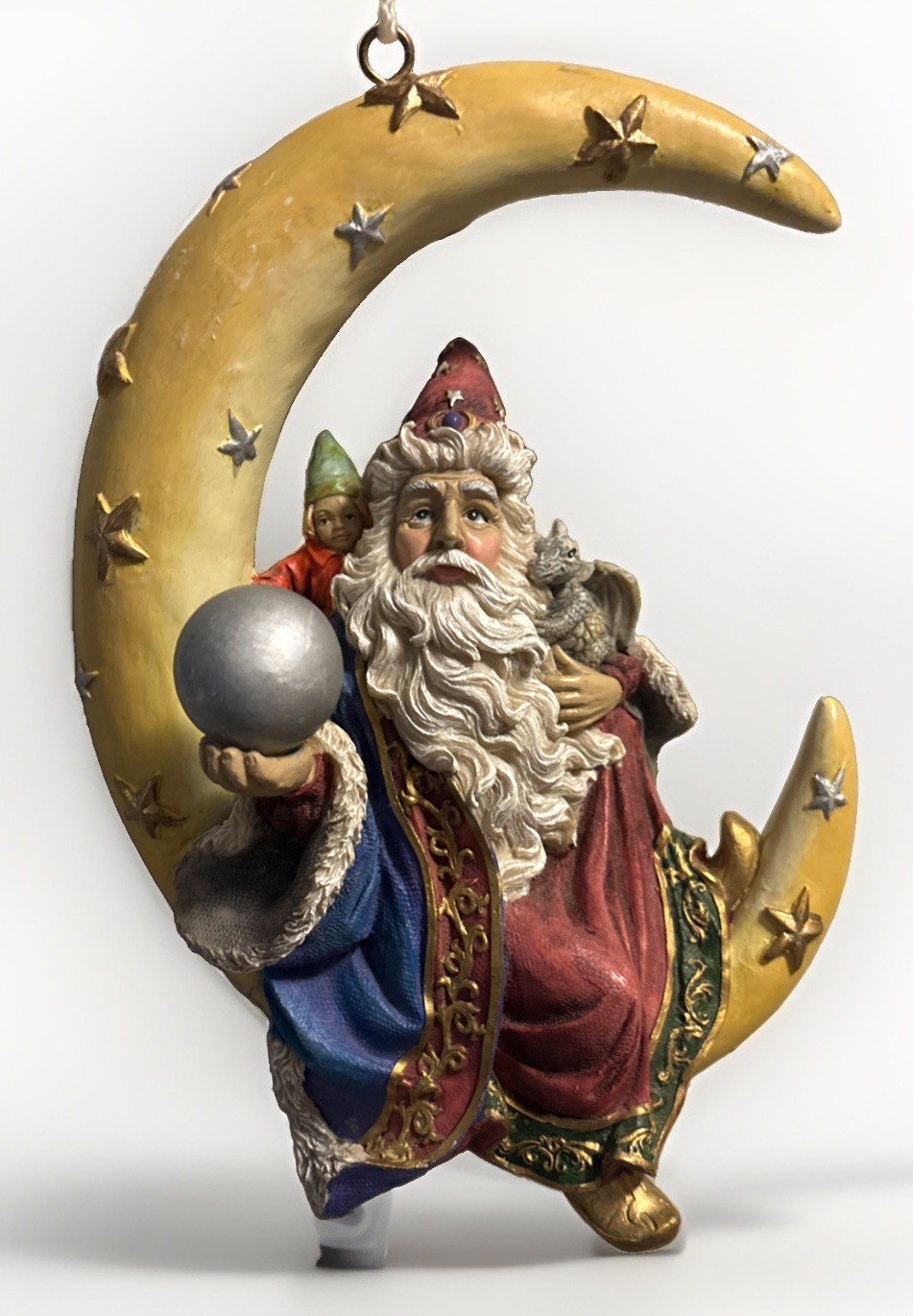 Vintage Celestial Moon W/ Bearded Wizard Holding A Crystal Ball, Dragon & Gnome Vintage Celestial Moon W/ Bearded Wizard Holding A Crystal Ball, Dragon & Gnome