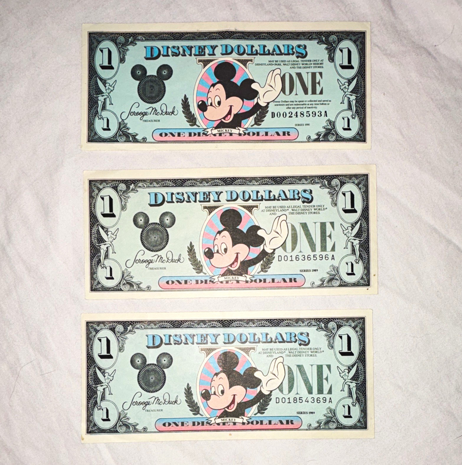 3 Vintage Disney Mickey Mouse 1$ Disney Dollar  Castle Design 1989-1990