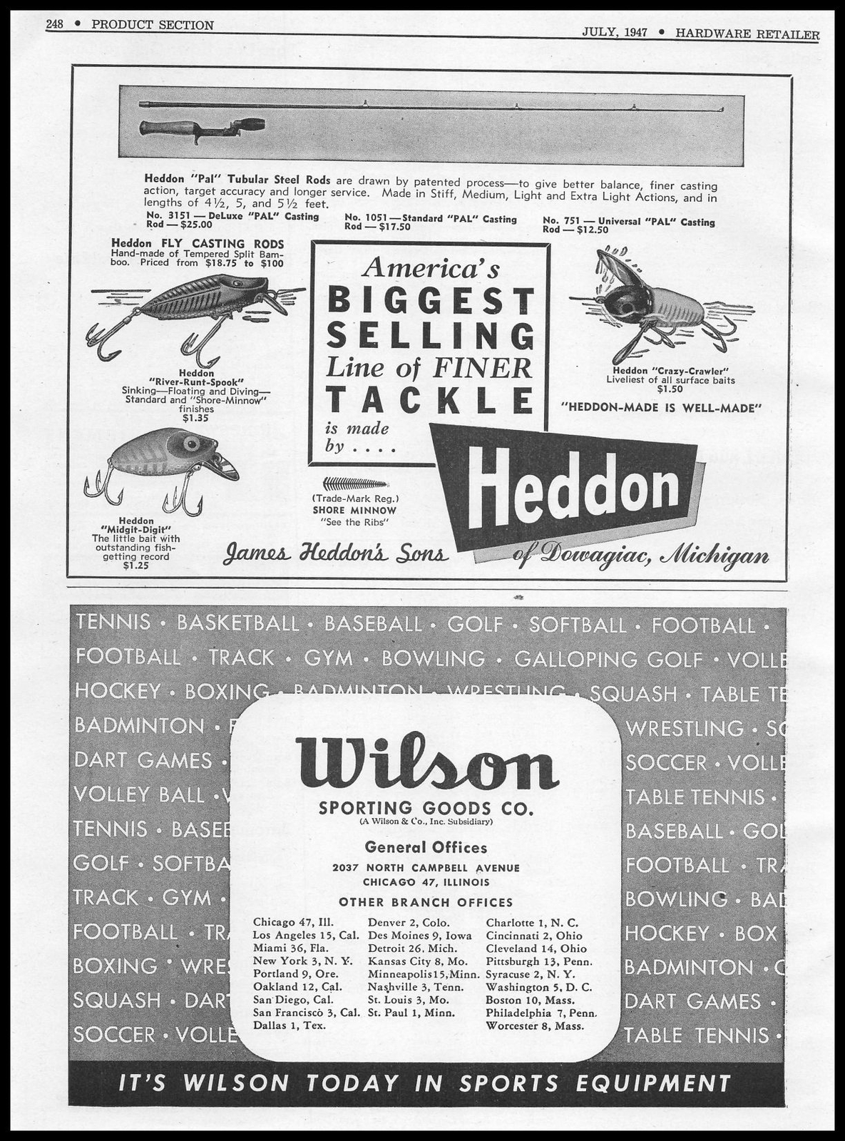 1947 James Heddon\'s Sons Dowagiac Michigan Fishing Lures Tackle Vintage Print Ad