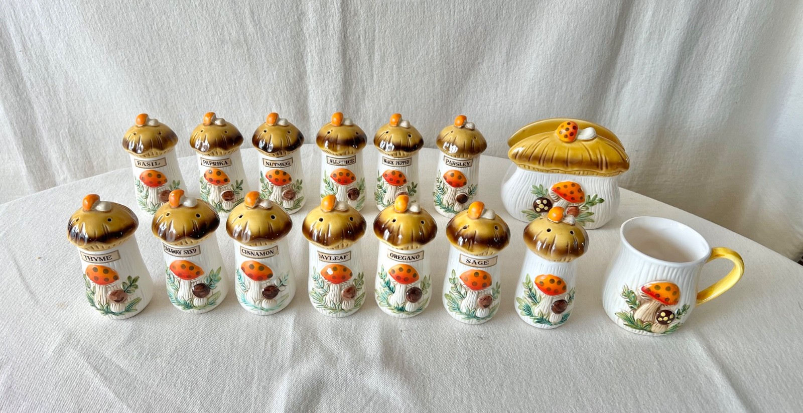 Vintage Sears Merry Mushrooms Complete 12 Spice Jars Mug Napkin Holder Japan
