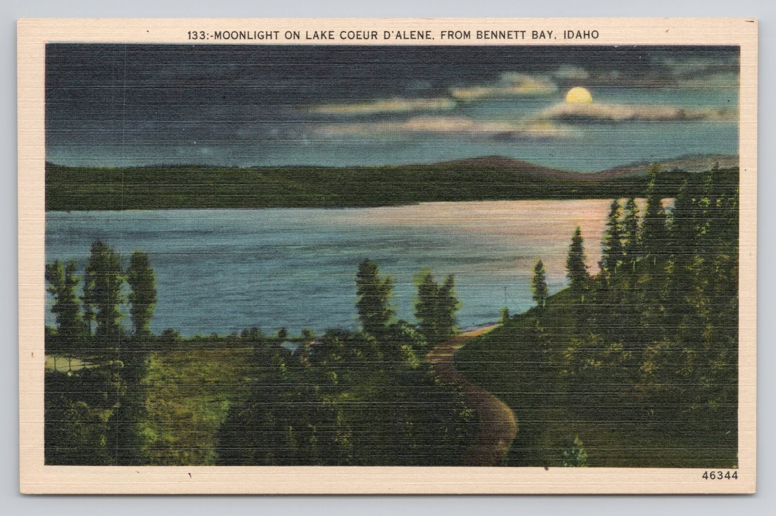 Moonlight on Lake Coeur D'Alene from Bennett Bay Idaho Postcard Moonlight on Lake Coeur D'Alene from Bennett Bay Idaho Postcard