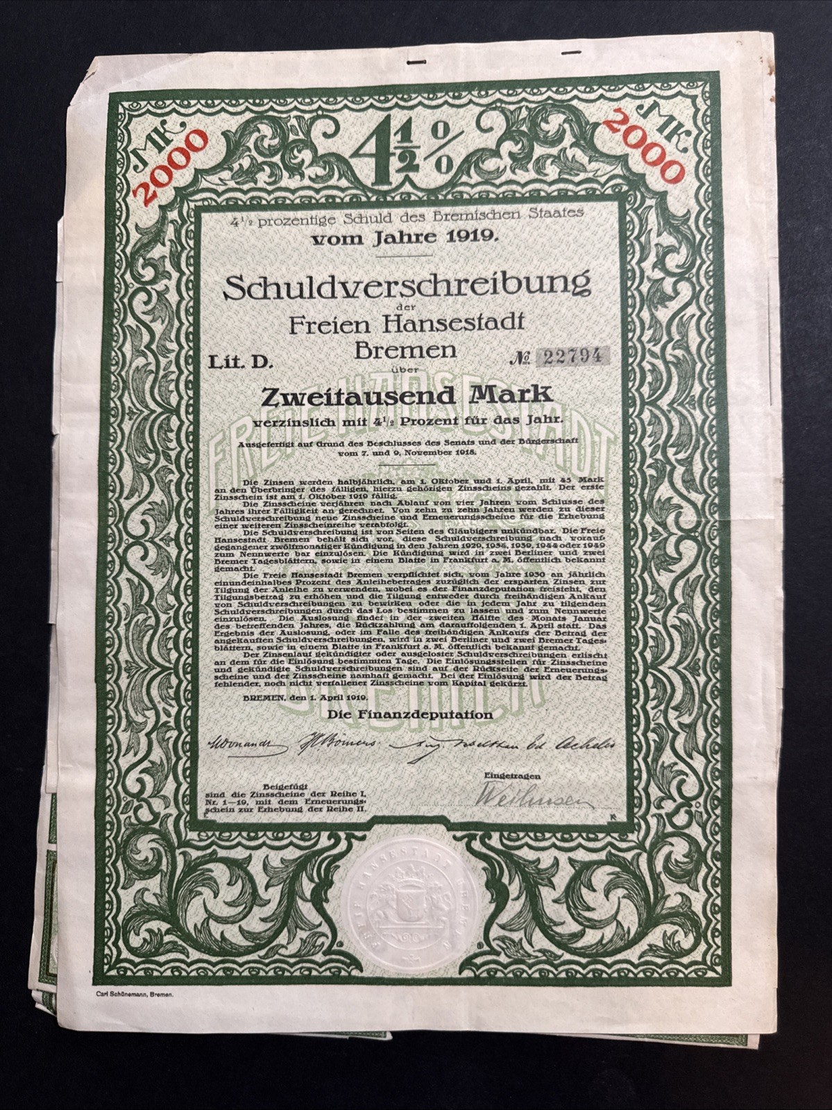 1919 2,000 German Mark Bond - Free Hanseatic City of Bremen with 17 coupons