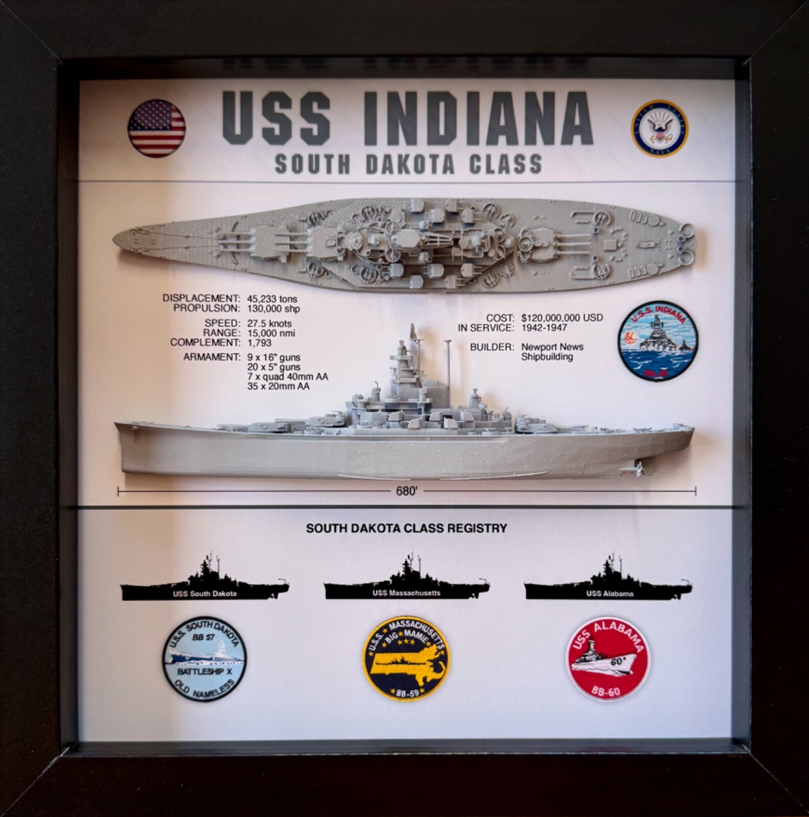 USS Indiana Display Box, BB-58, South Dakota Class, WW2, 9\ USS Indiana Display Box, BB-58, South Dakota Class, WW2, 9\