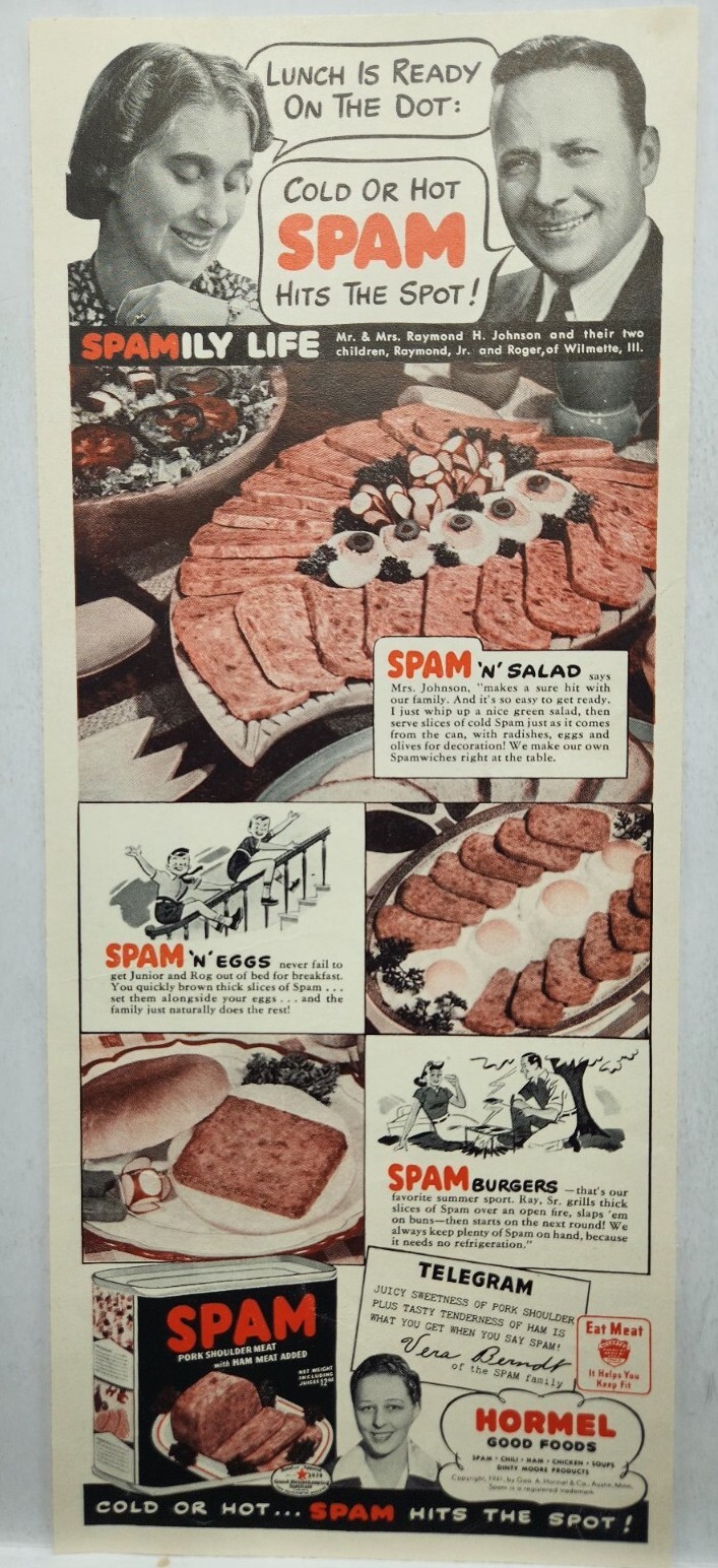 1941 Spam Hormel Original WW II Print Ad Life Magazine 40s