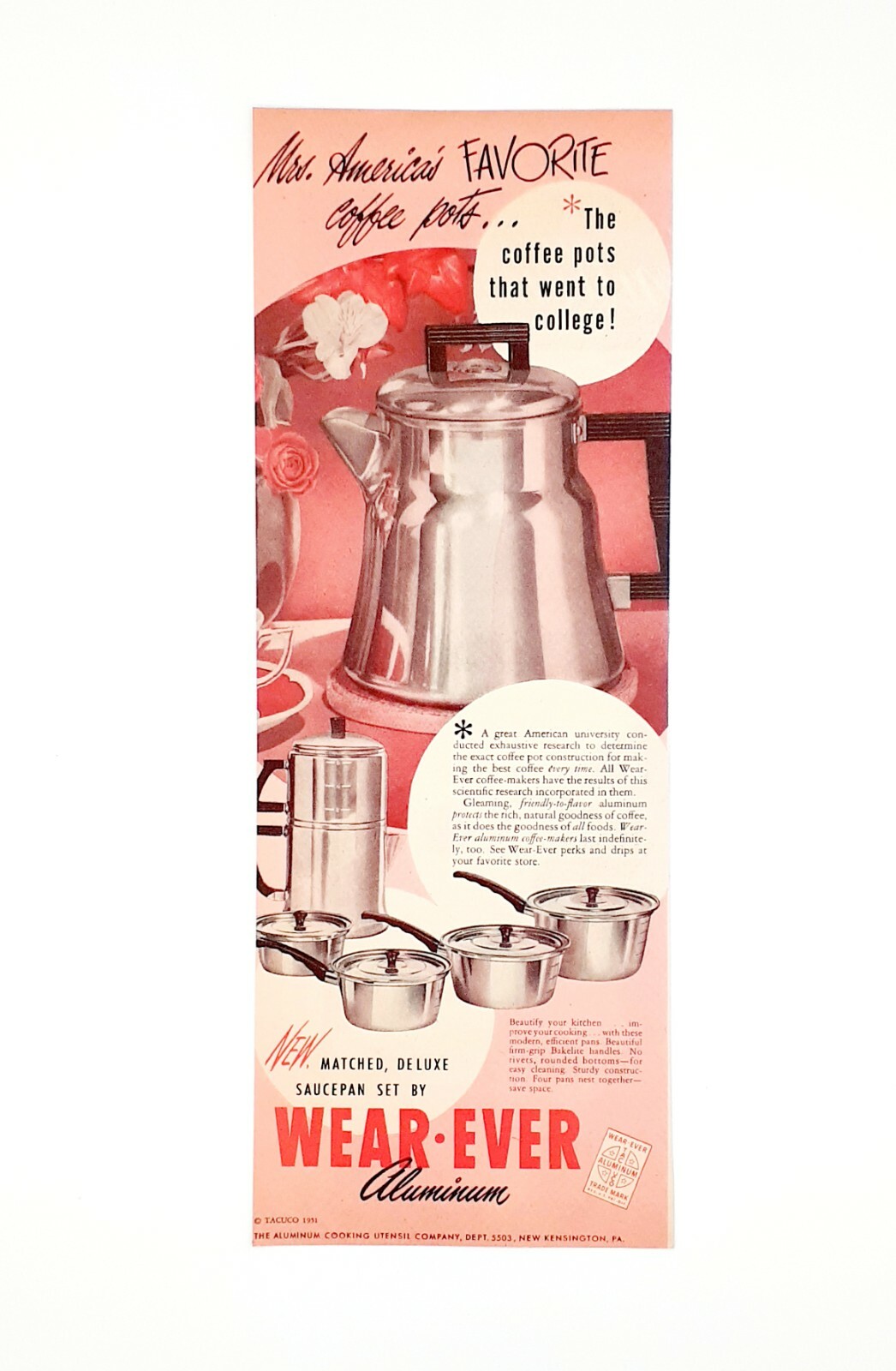 Wear Ever coffee pot ad aluminum vintage 1951 original advertisement 13.5 x 5